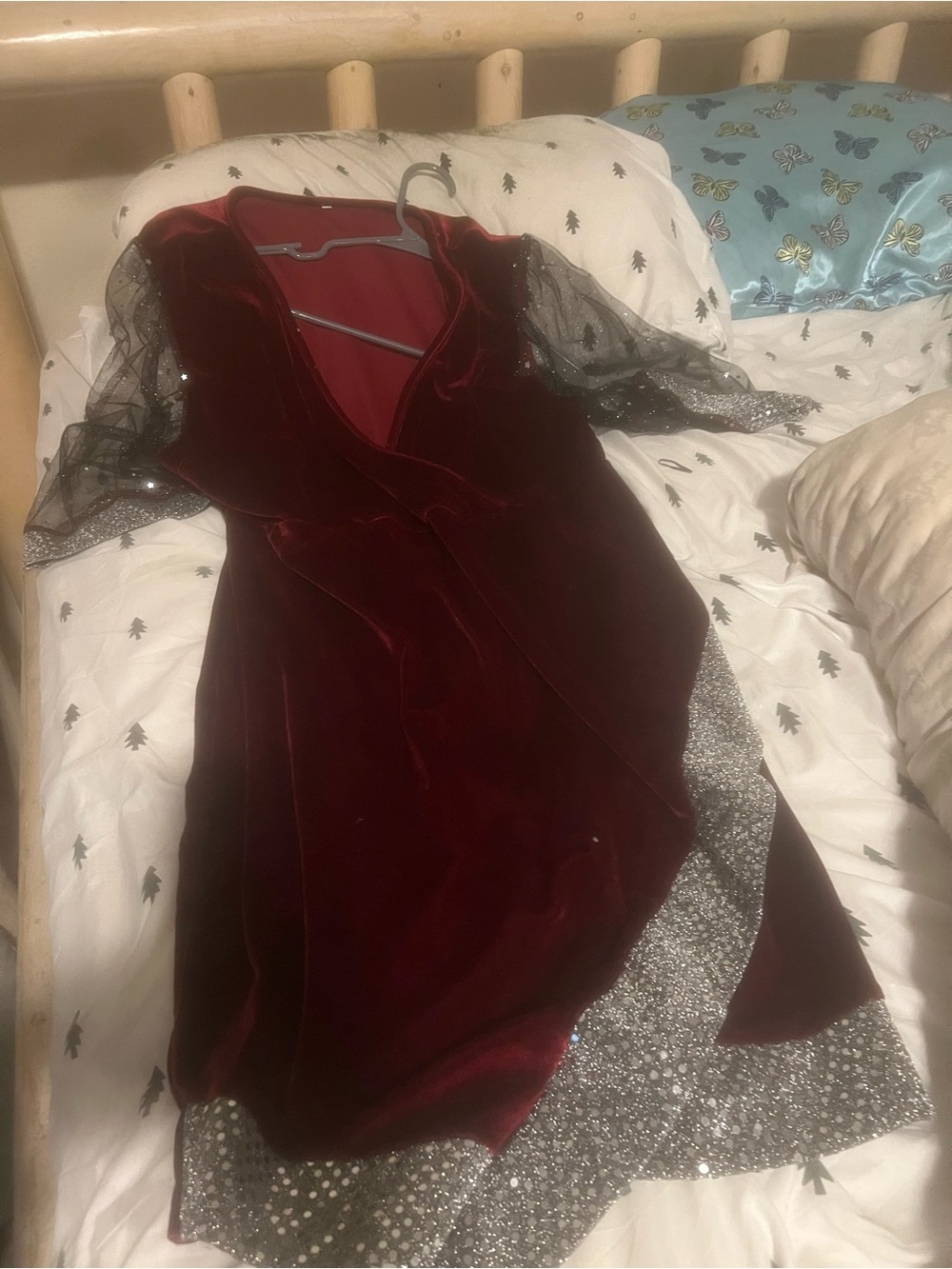 Women's Burgundy Velvet Long Sleeve Wrap Dress with Sparkle Trim